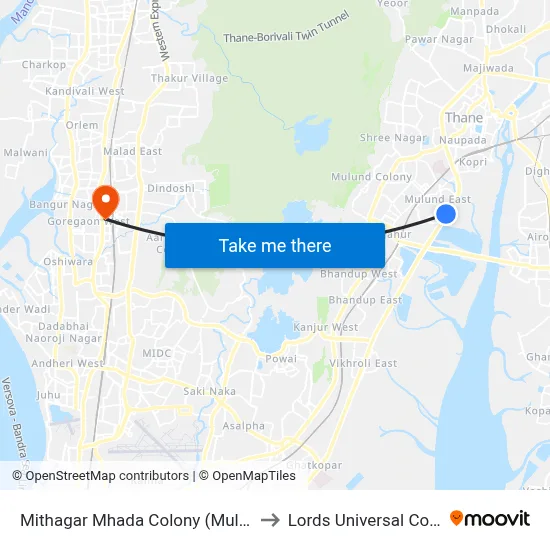 Mithagar Mhada Colony (Mulund-E) to Lords Universal College map