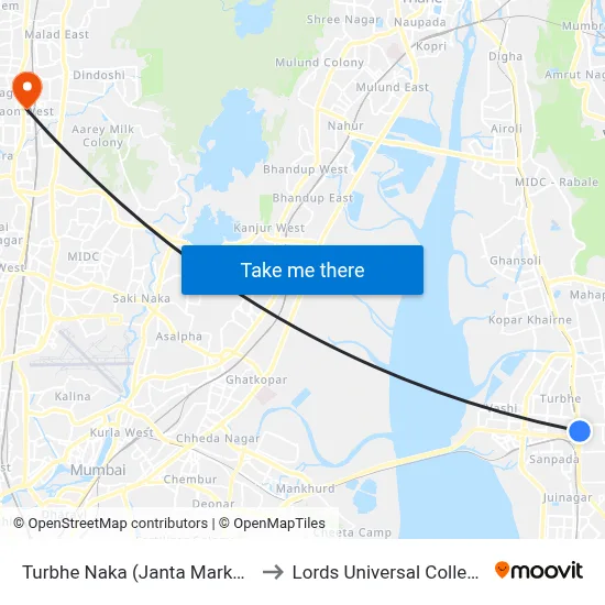 Turbhe Naka (Janta Market) to Lords Universal College map