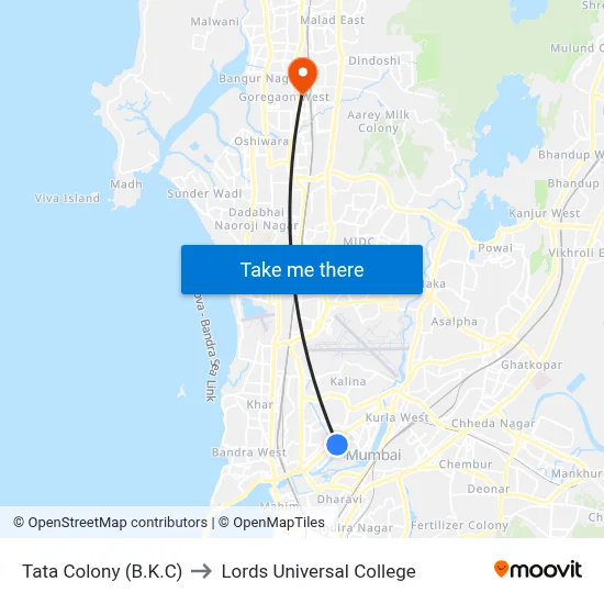 Tata Colony (B.K.C) to Lords Universal College map