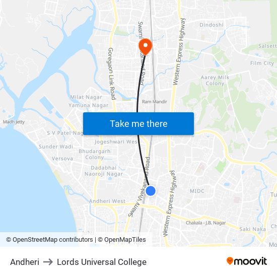 Andheri to Lords Universal College map