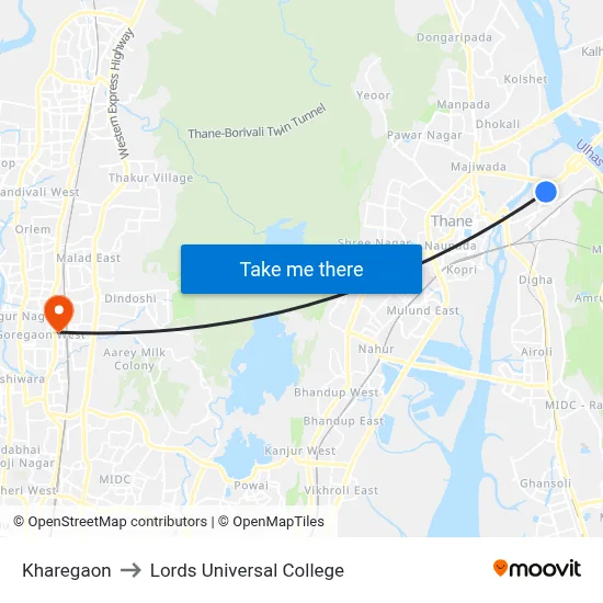 Kharegaon to Lords Universal College map