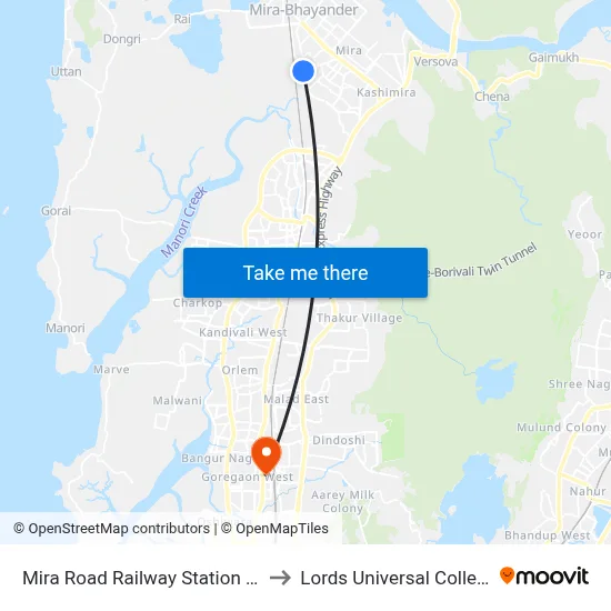 Mira Road Railway Station (E) to Lords Universal College map