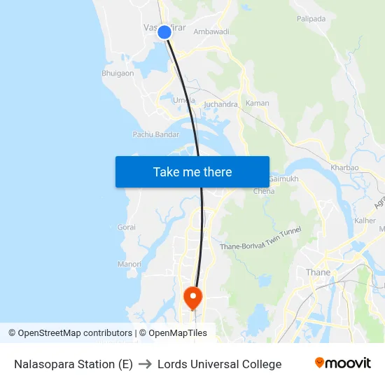 Nalasopara Station (E) to Lords Universal College map