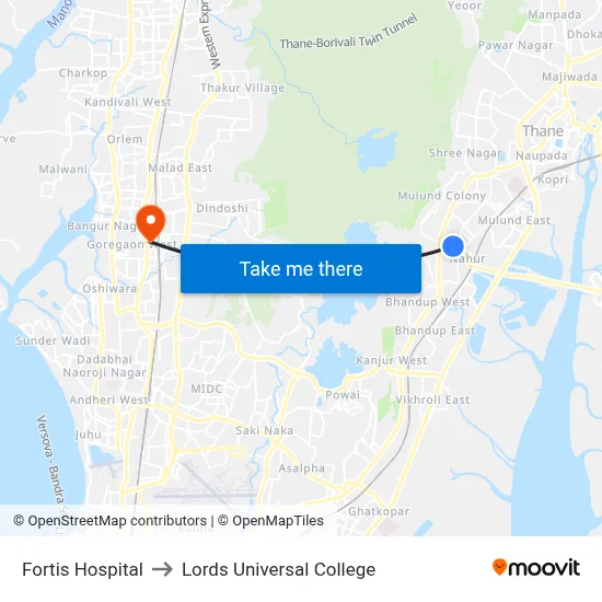 Fortis Hospital to Lords Universal College map