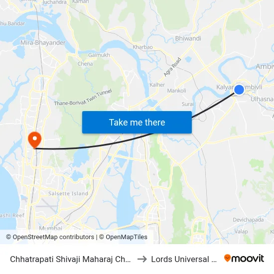 Chhatrapati Shivaji Maharaj Chowk Kalyan to Lords Universal College map