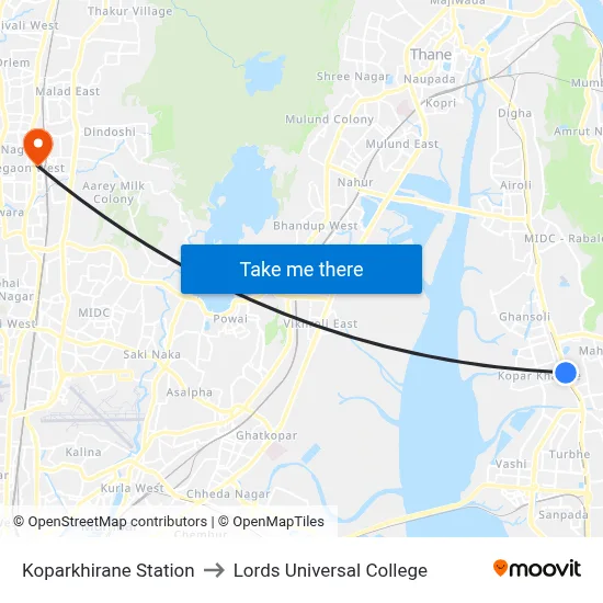 Koparkhirane Station to Lords Universal College map