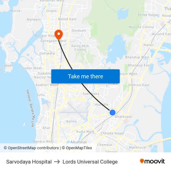 Sarvodaya Hospital to Lords Universal College map