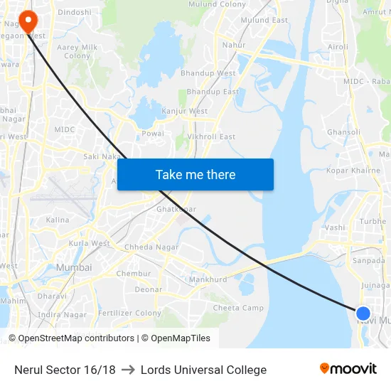 Nerul Sector 16/18 to Lords Universal College map