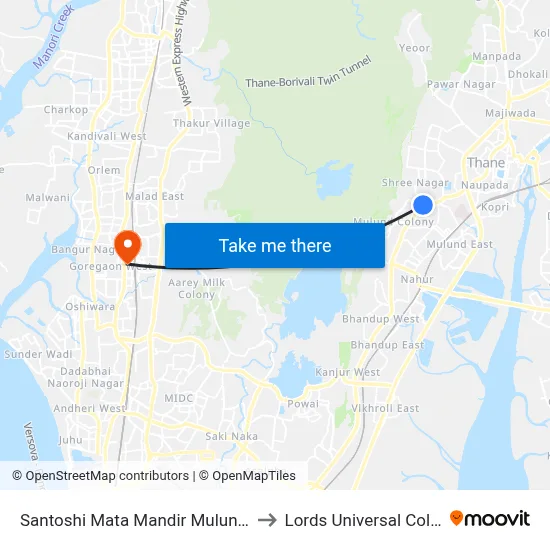 Santoshi Mata Mandir Mulund (W) to Lords Universal College map