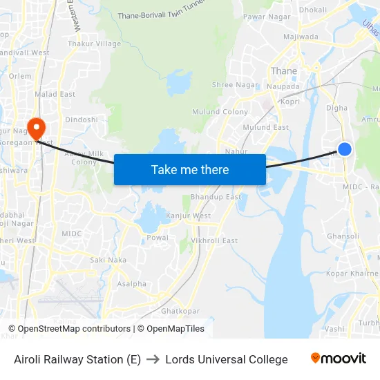 Airoli Railway Station (E) to Lords Universal College map