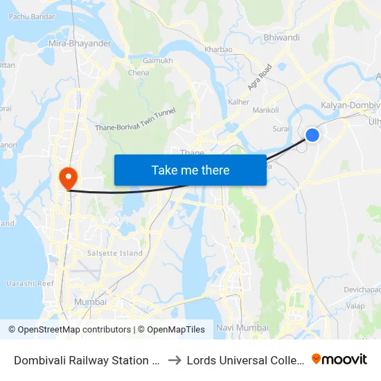Dombivali Railway Station (E) to Lords Universal College map