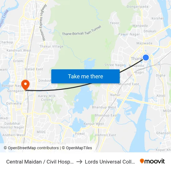 Central Maidan / Civil Hospital to Lords Universal College map