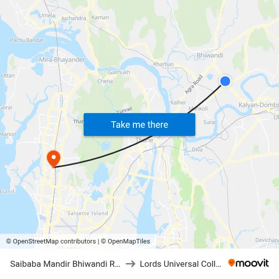 Saibaba Mandir Bhiwandi Road to Lords Universal College map