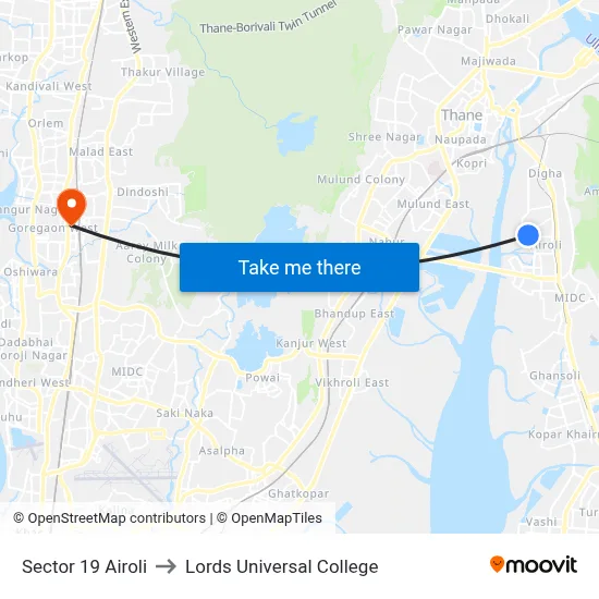 Sector 19 Airoli to Lords Universal College map