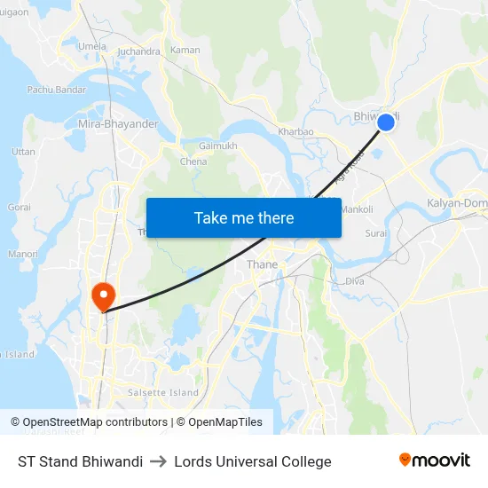 ST Stand Bhiwandi to Lords Universal College map