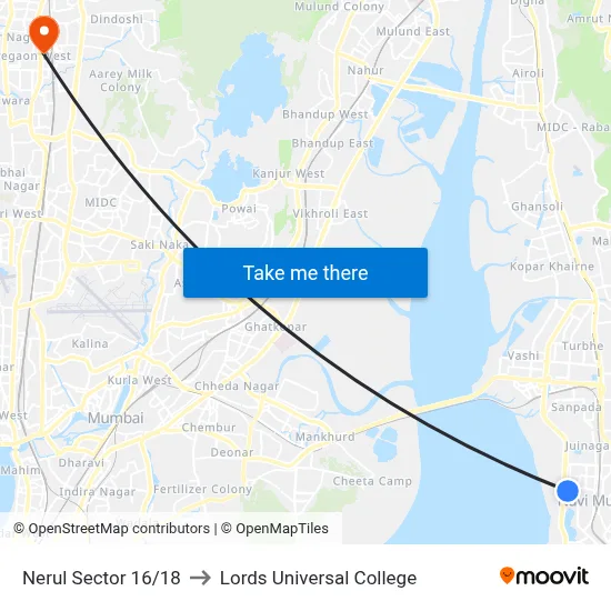Nerul Sector 16/18 to Lords Universal College map