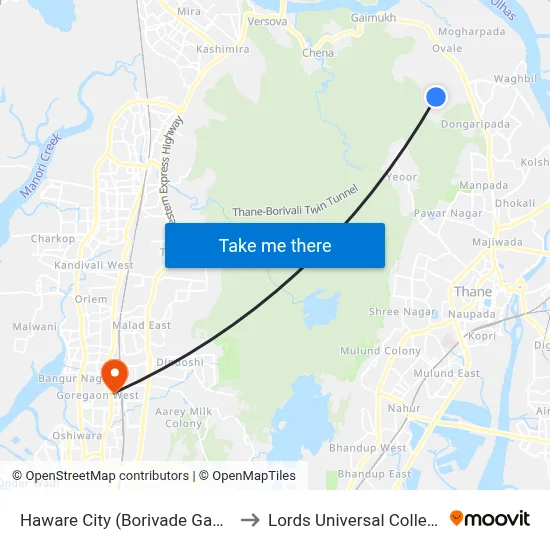 Haware City (Borivade Gaon) to Lords Universal College map