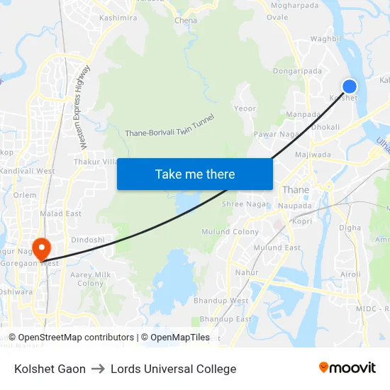 Kolshet Gaon to Lords Universal College map