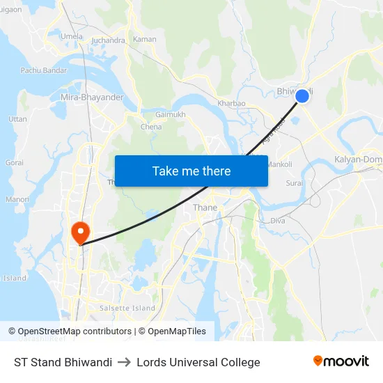 ST Stand Bhiwandi to Lords Universal College map