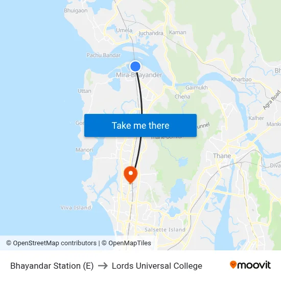 Bhayandar Station (E) to Lords Universal College map