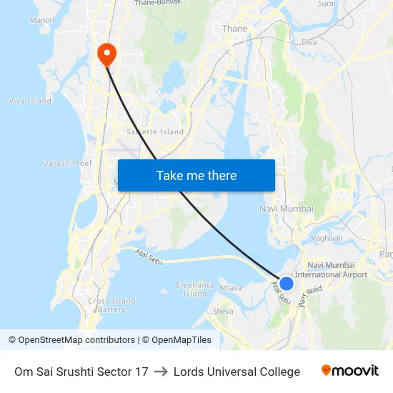 Om Sai Srushti Sector 17 to Lords Universal College map