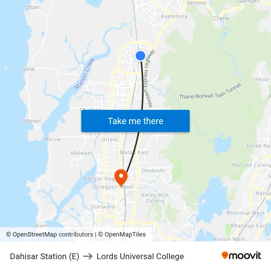 Dahisar Station (E) to Lords Universal College map