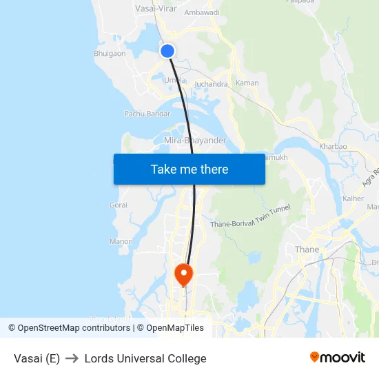 Vasai (E) to Lords Universal College map