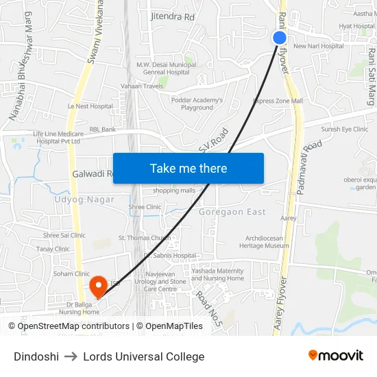 Dindoshi to Lords Universal College map