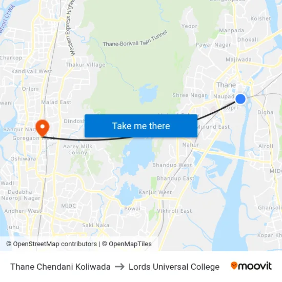 Thane Chendani Koliwada to Lords Universal College map