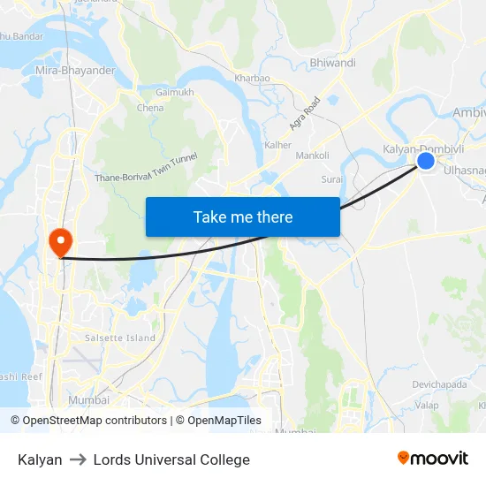 Kalyan to Lords Universal College map