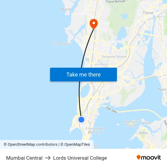 Mumbai Central to Lords Universal College map