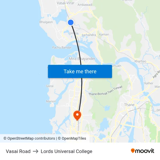 Vasai Road to Lords Universal College map