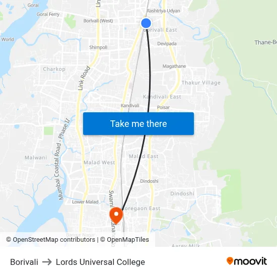 Borivali to Lords Universal College map