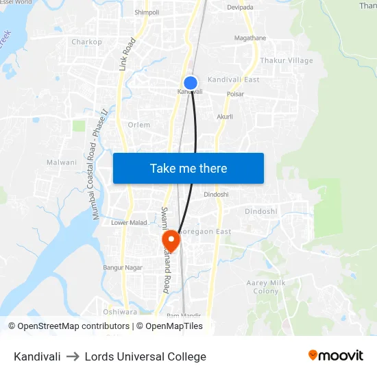 Kandivali to Lords Universal College map