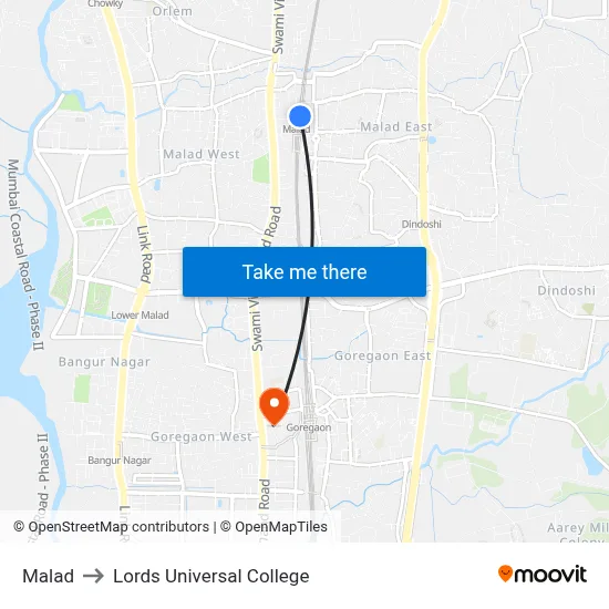 Malad to Lords Universal College map