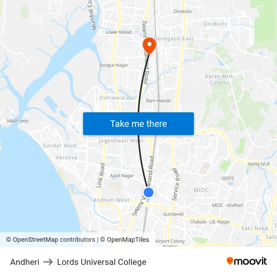 Andheri to Lords Universal College map