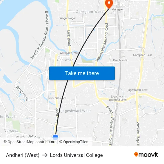 Andheri (West) to Lords Universal College map