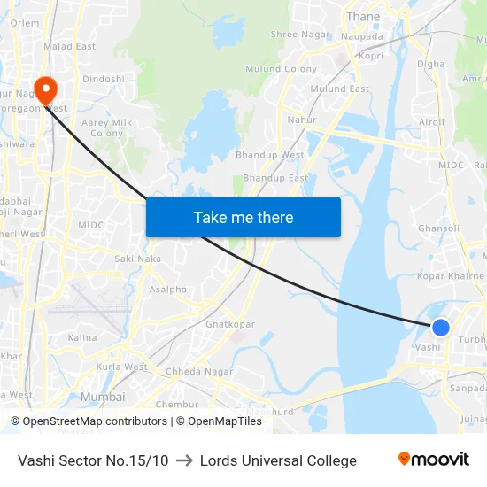 Vashi Sector No.15/10 to Lords Universal College map