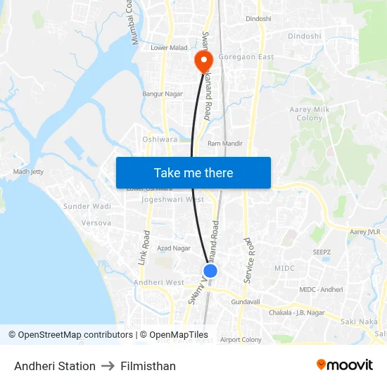 Andheri Station to Filmisthan map