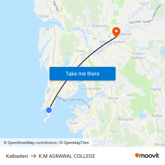 Kalbadevi to K.M AGRAWAL COLLEGE map