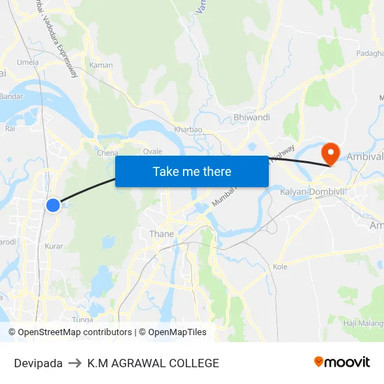Devipada to K.M AGRAWAL COLLEGE map