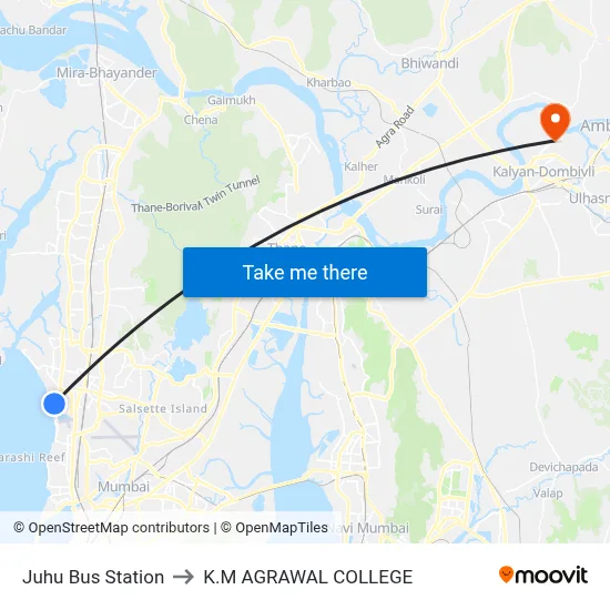 Juhu Bus Station to K.M AGRAWAL COLLEGE map