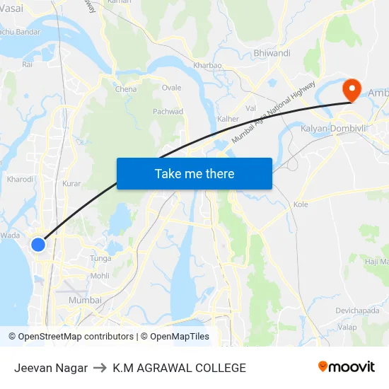 Jeevan Nagar to K.M AGRAWAL COLLEGE map