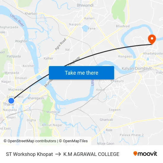 ST Workshop Khopat to K.M AGRAWAL COLLEGE map