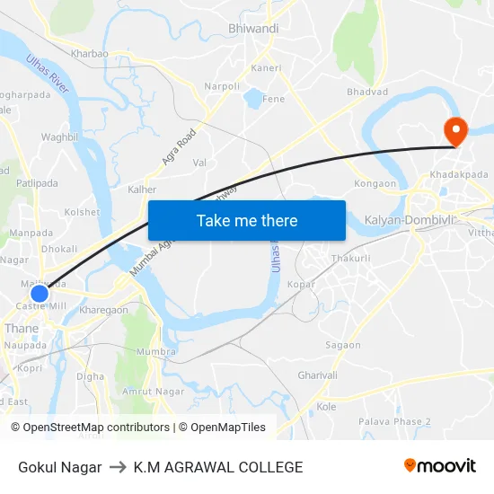 Gokul Nagar to K.M AGRAWAL COLLEGE map