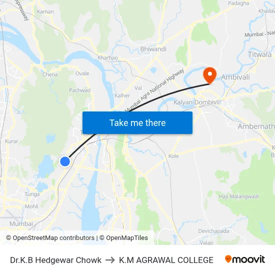Dr.K.B Hedgewar Chowk to K.M AGRAWAL COLLEGE map