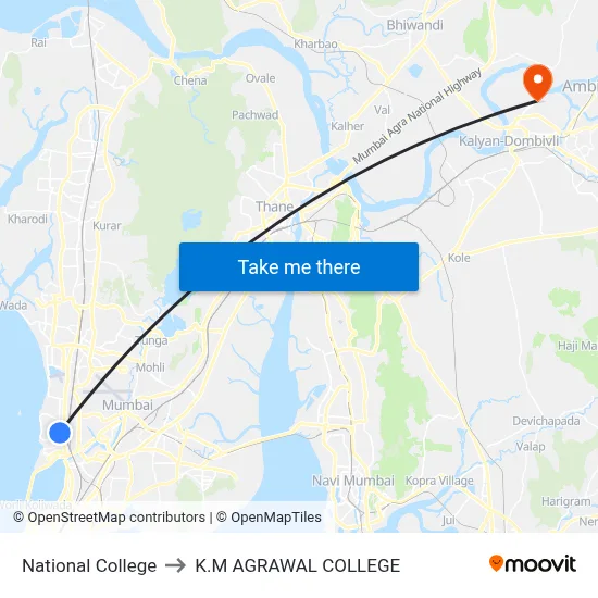 National College to K.M AGRAWAL COLLEGE map