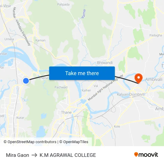 Mira Gaon to K.M AGRAWAL COLLEGE map