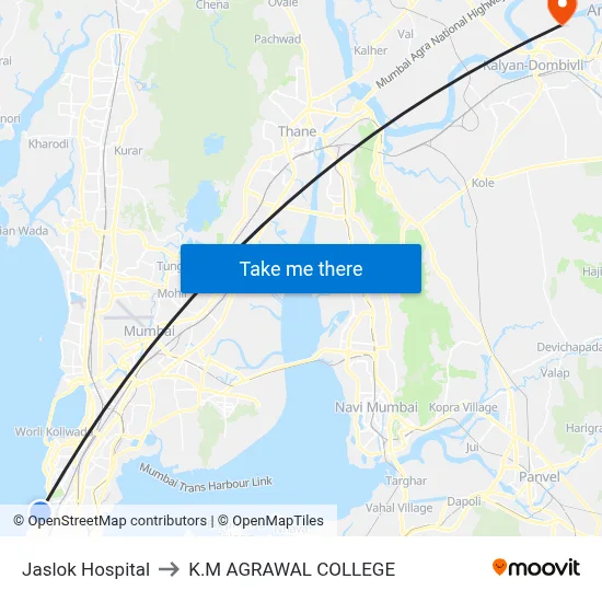 Jaslok Hospital to K.M AGRAWAL COLLEGE map