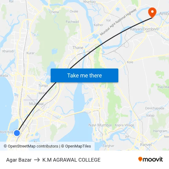 Agar Bazar to K.M AGRAWAL COLLEGE map